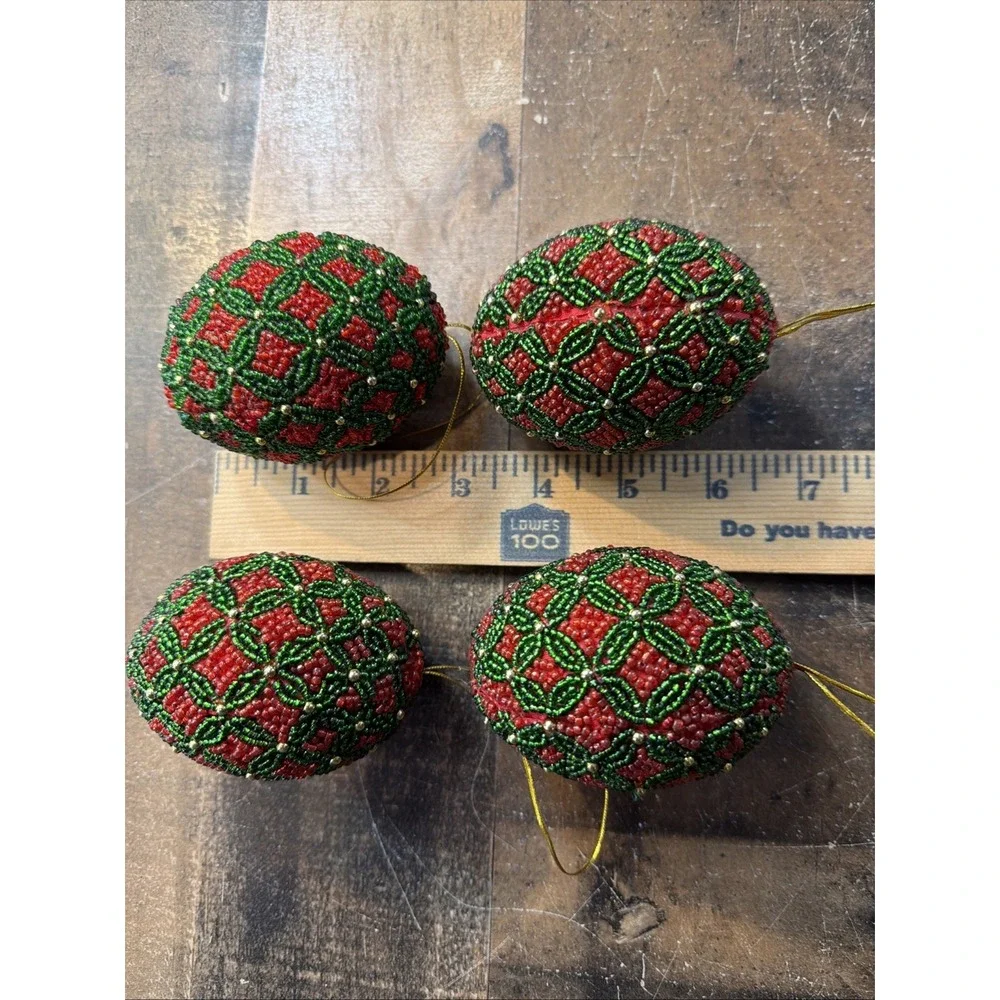 Lot 4 Vtg Hand Beaded Seed Bead Egg Christmas Tree Ornaments Red Green Geometric